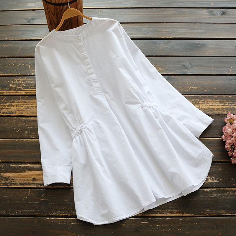 純棉寬鬆顯瘦圓領收腰時尚休閒復古襯衫-Cicimode