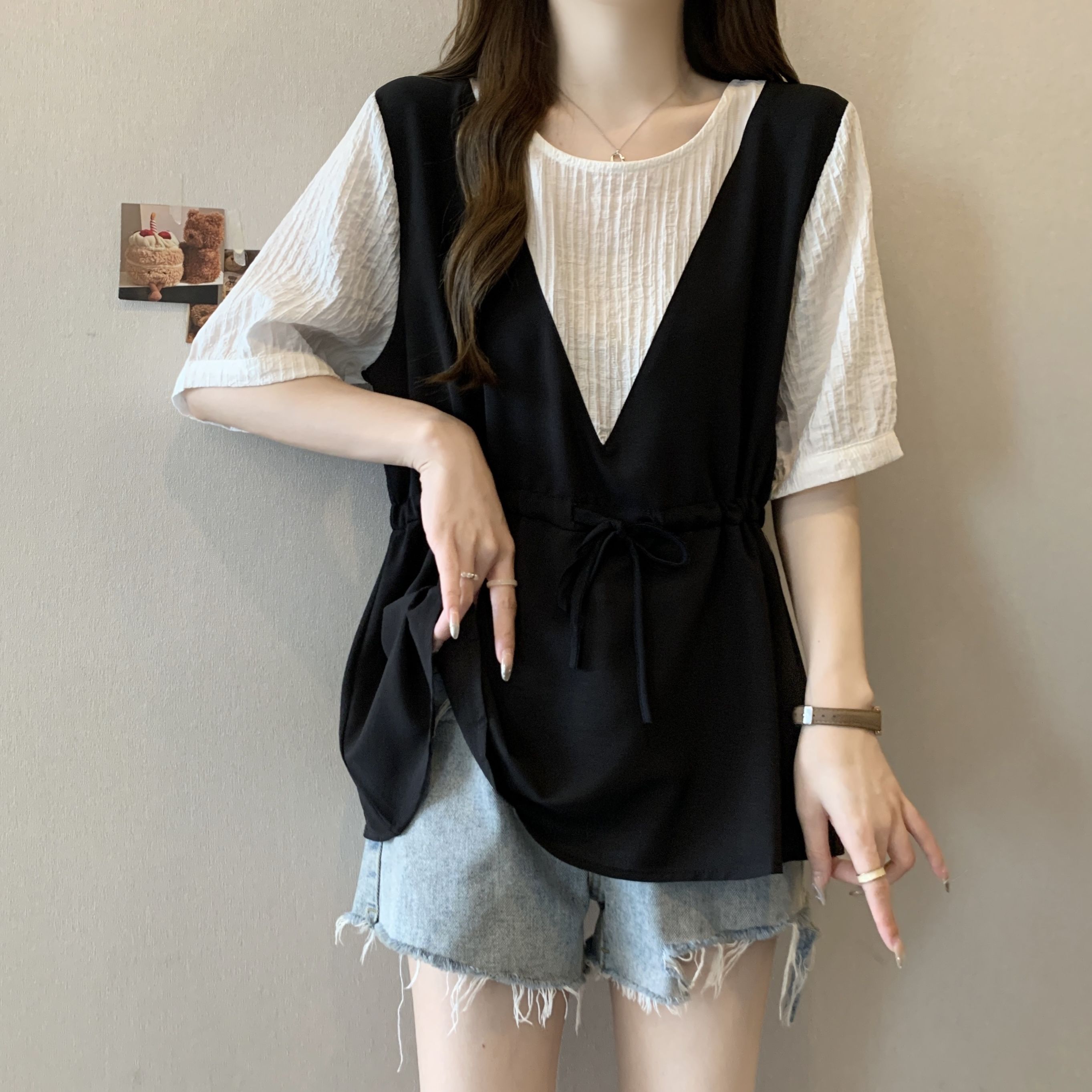 韓版假兩件設計感撞色收腰系帶顯瘦短袖-Cicimode