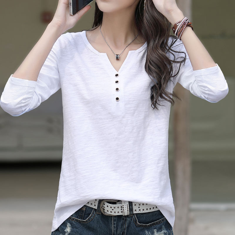 【全六色】寬鬆百搭V領上衣打底衫潮竹節棉長袖