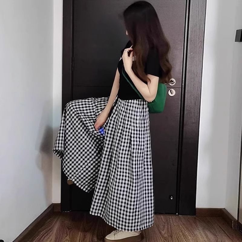 【單件/套裝】氣質休閒短袖+寬鬆遮肉格子鬆緊腰裙褲兩件套裝-Cicimode
