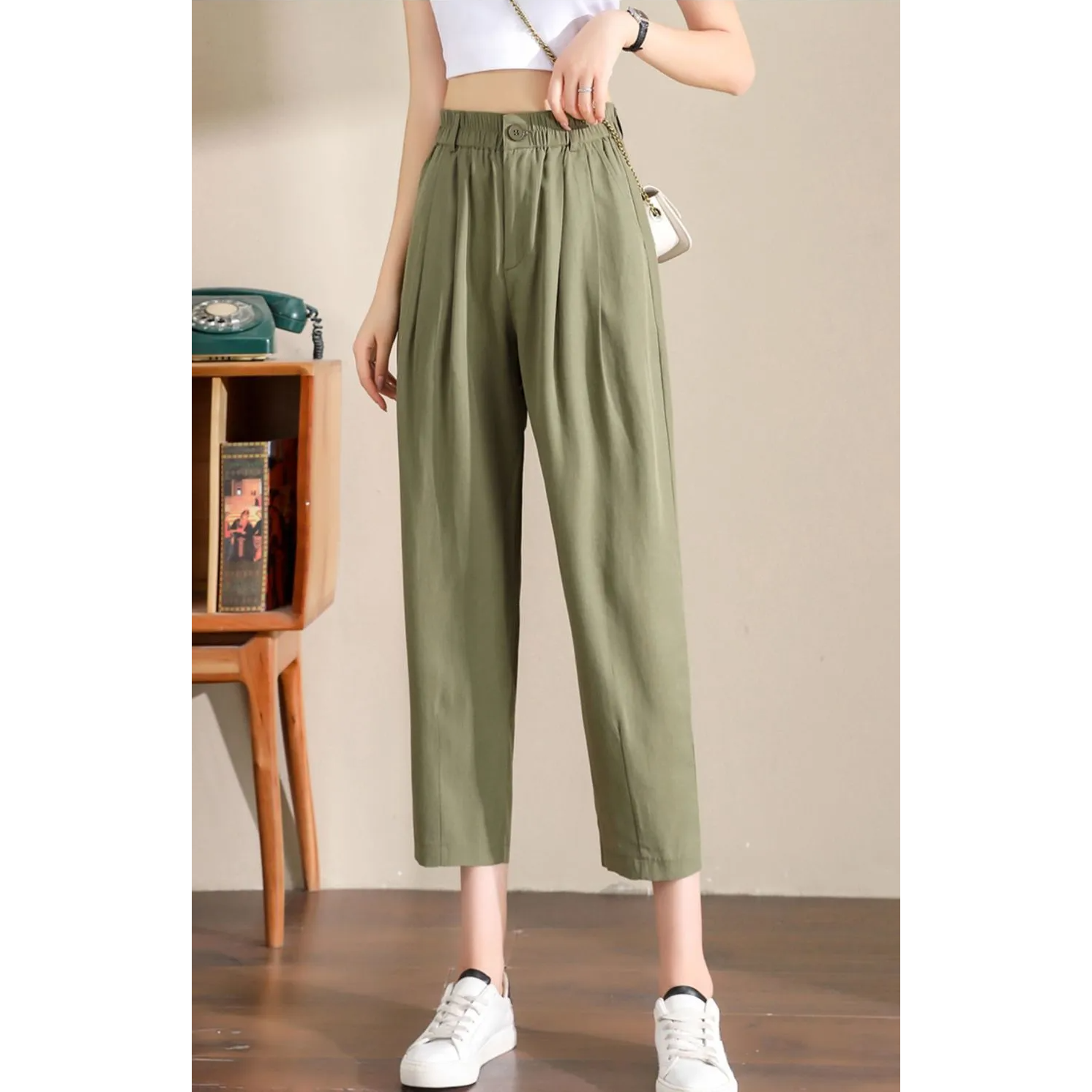 天絲棉麻薄款顯瘦遮肉透氣哈倫九分褲-Cicimode