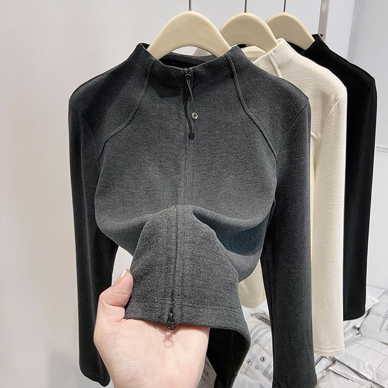 半高領德絨顯瘦修身拉鏈開衫外套-Cicimode