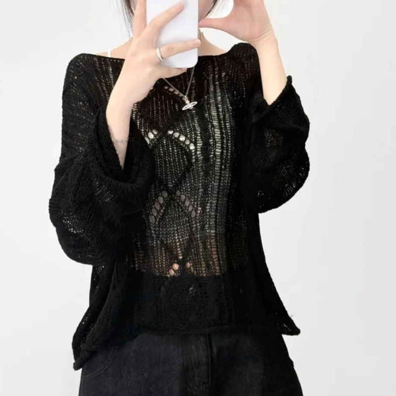 一字露肩麻花薄款鏤空長袖罩衫針織衫-Cicimode