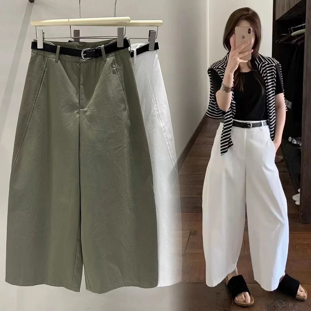 【配皮帶】韓版洋氣高腰顯瘦九分純棉闊腿彎刀褲