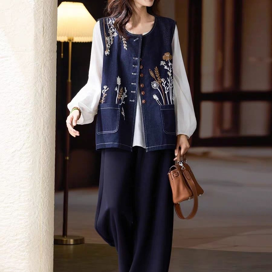 氣質刺繡大碼洋氣寬鬆牛仔馬甲外套