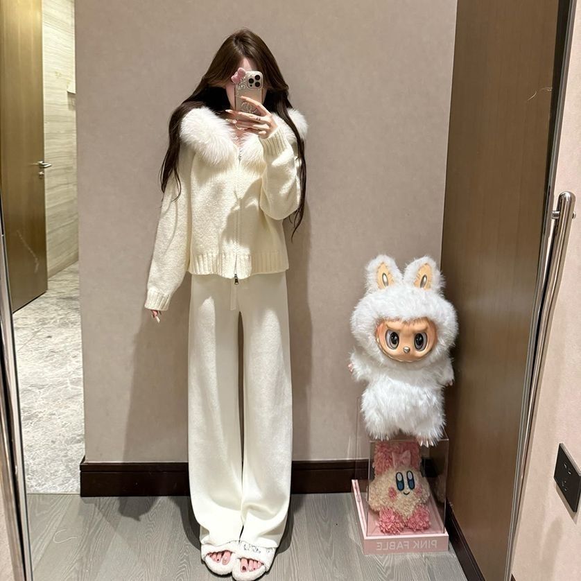 【單件/套裝】寬鬆慵懶風鬆弛毛領連帽拉鏈開衫+百搭顯瘦闊腿褲兩件套裝