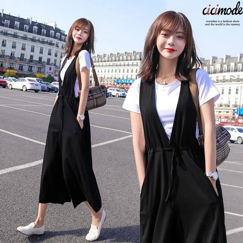 【單件/套裝】百搭T恤+韓版顯瘦時尚背帶褲兩件套裝-Cicimode