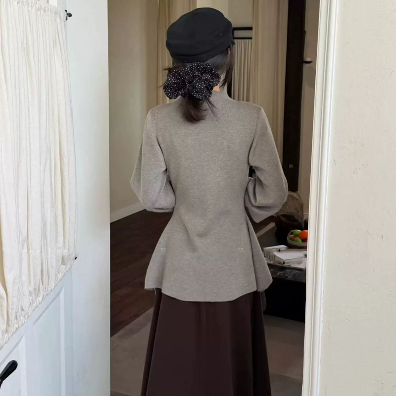 法式半高領燈籠袖獨特收腰慵懶氣質針織毛衣-Cicimode