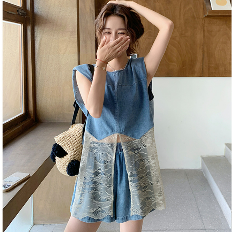 【整套】韓系chic穿搭巨好看蕾絲拼接牛仔馬甲+休閑短褲兩件套