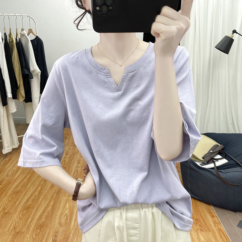 時尚減齡純棉設計感小V領寬鬆短袖T恤-Cicimode