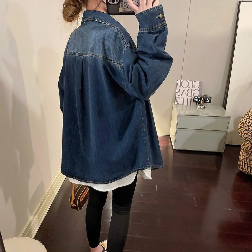 復古藍色牛仔百搭設計感長袖襯衫-Cicimode