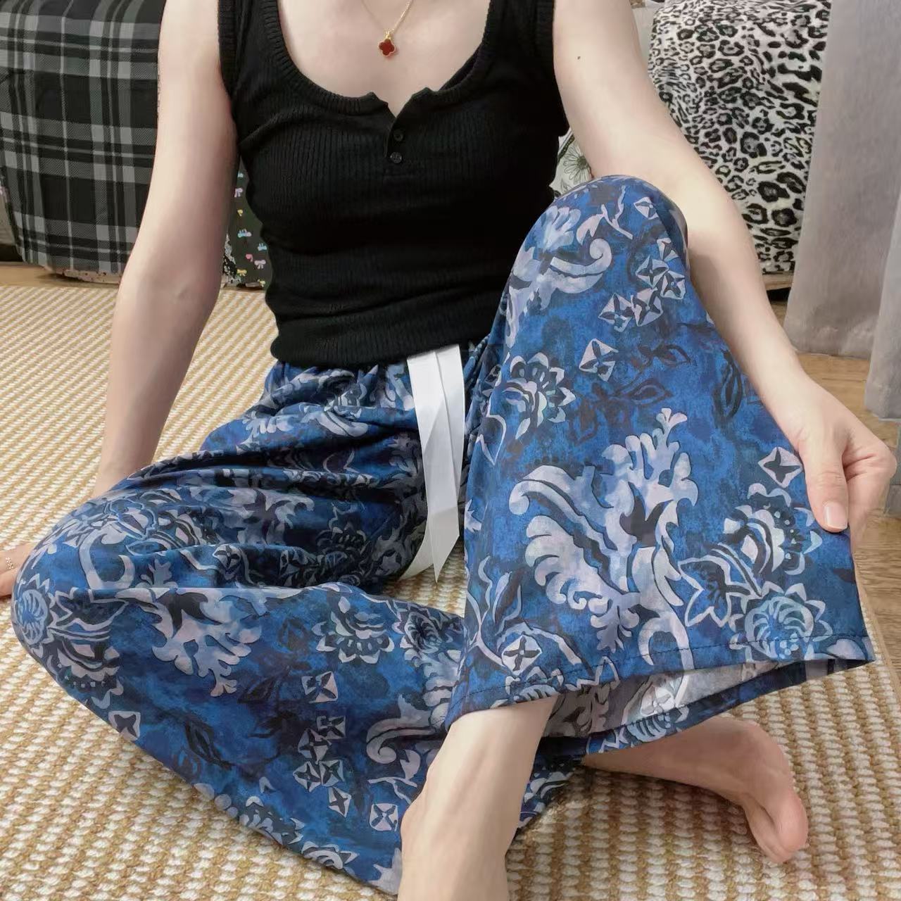 甜美印花波西米亞吸濕排汗寬鬆休閒闊腿九分褲