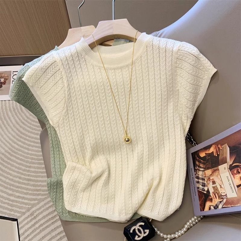 法式鏤空冰絲針織圓領寬鬆小飛袖短袖T恤-Cicimode