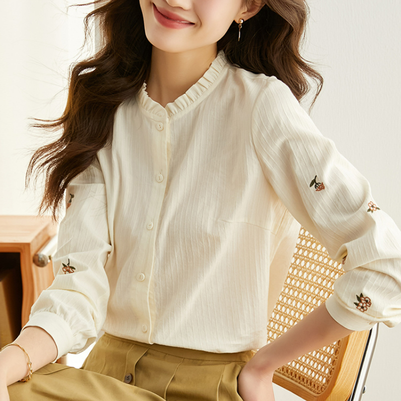 法式木耳邊立領氣質刺繡長袖襯衫-Cicimode