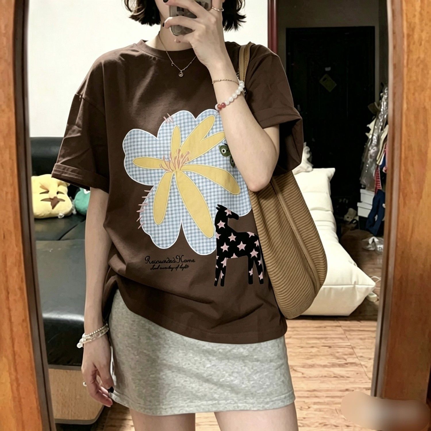 大碼遮肚顯瘦中長款休閒百搭印花純棉短袖