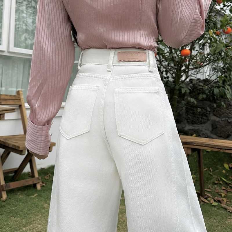 高腰顯瘦寬鬆百搭窄版白色九分闊腿牛仔褲