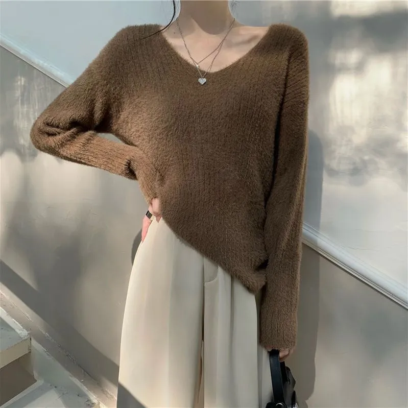 復古仿水貂毛V領軟糯寬鬆慵懶風內搭毛衣-Cicimode