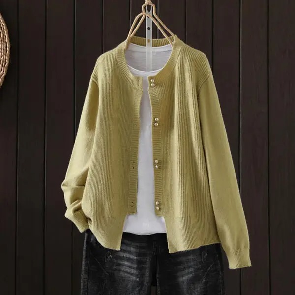 寬鬆顯瘦百搭軟糯長袖純色針織開衫-Cicimode