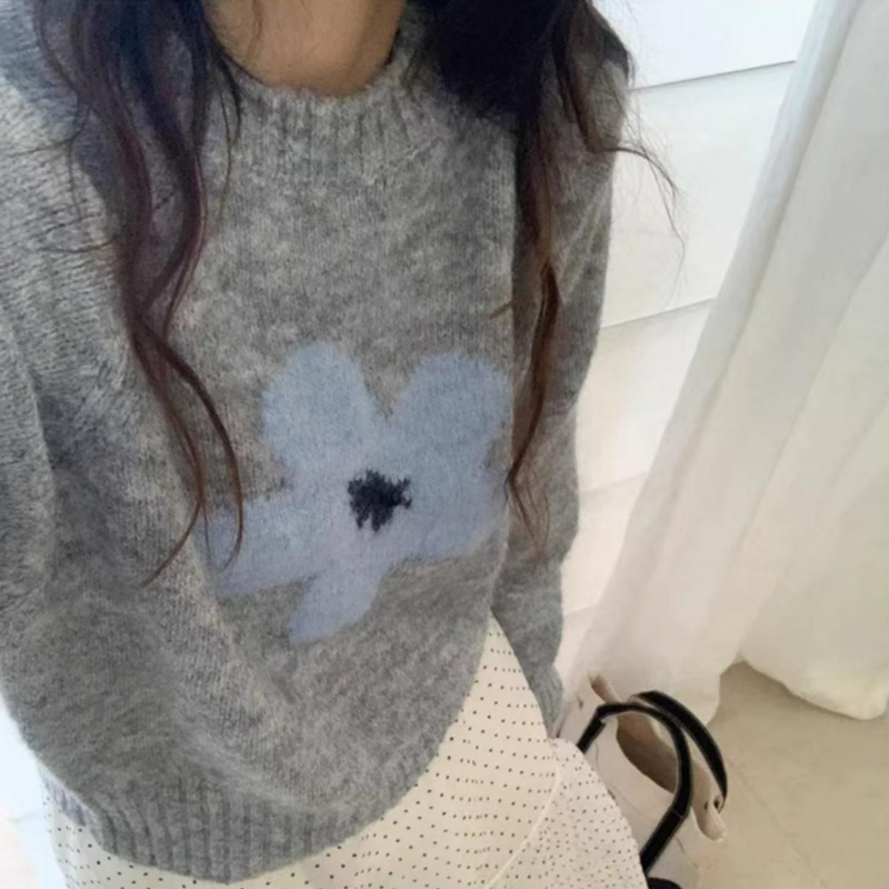 韓系花朵提花圓領短版套頭針織毛衣-Cicimode