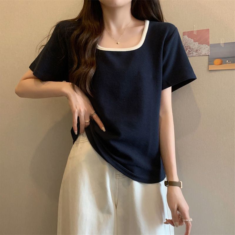 寬鬆大碼顯瘦方領洋氣微胖百搭正肩短袖t恤