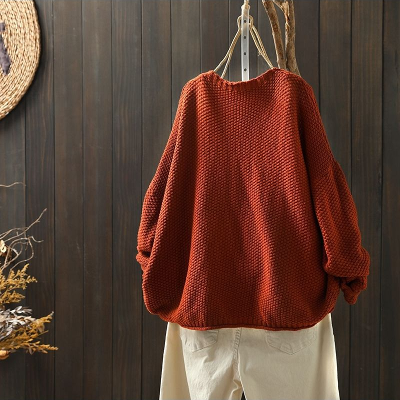 復古V領寬松文藝休閑百搭外套針織開衫-Cicimode