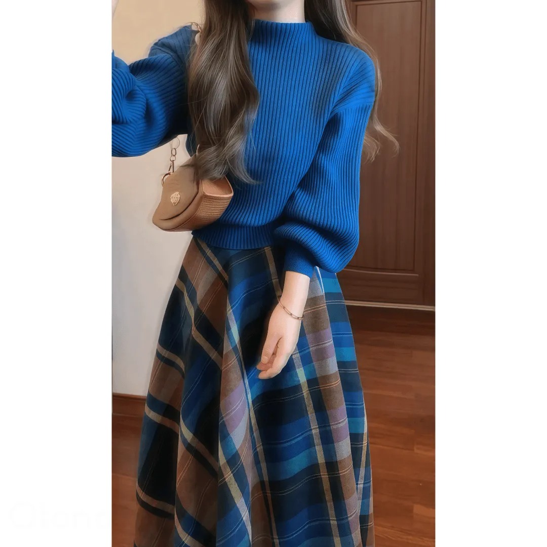 【單件/套裝】赫本風復古氣質針織毛衣+格子半身裙兩件套裝-Cicimode