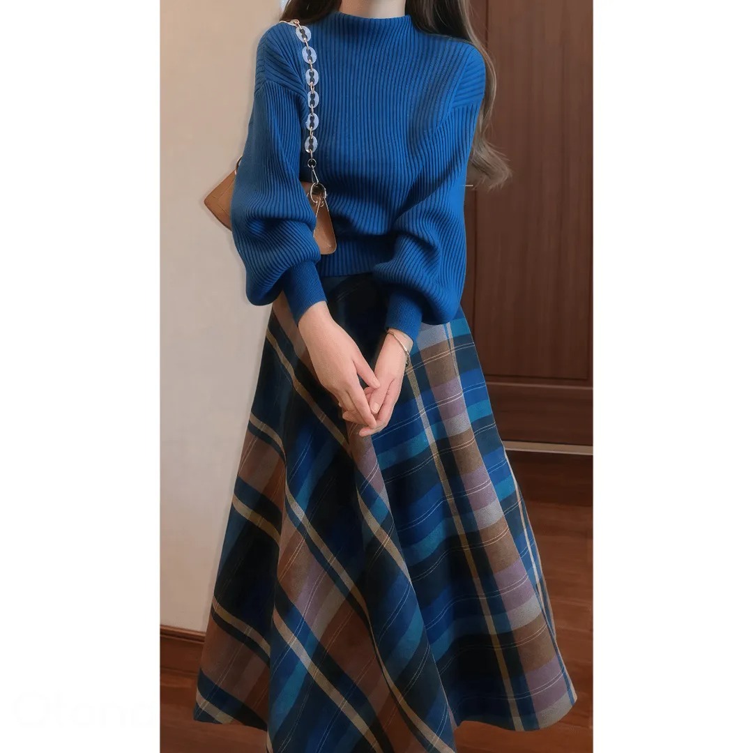 【單件/套裝】赫本風復古氣質針織毛衣+格子半身裙兩件套裝-Cicimode