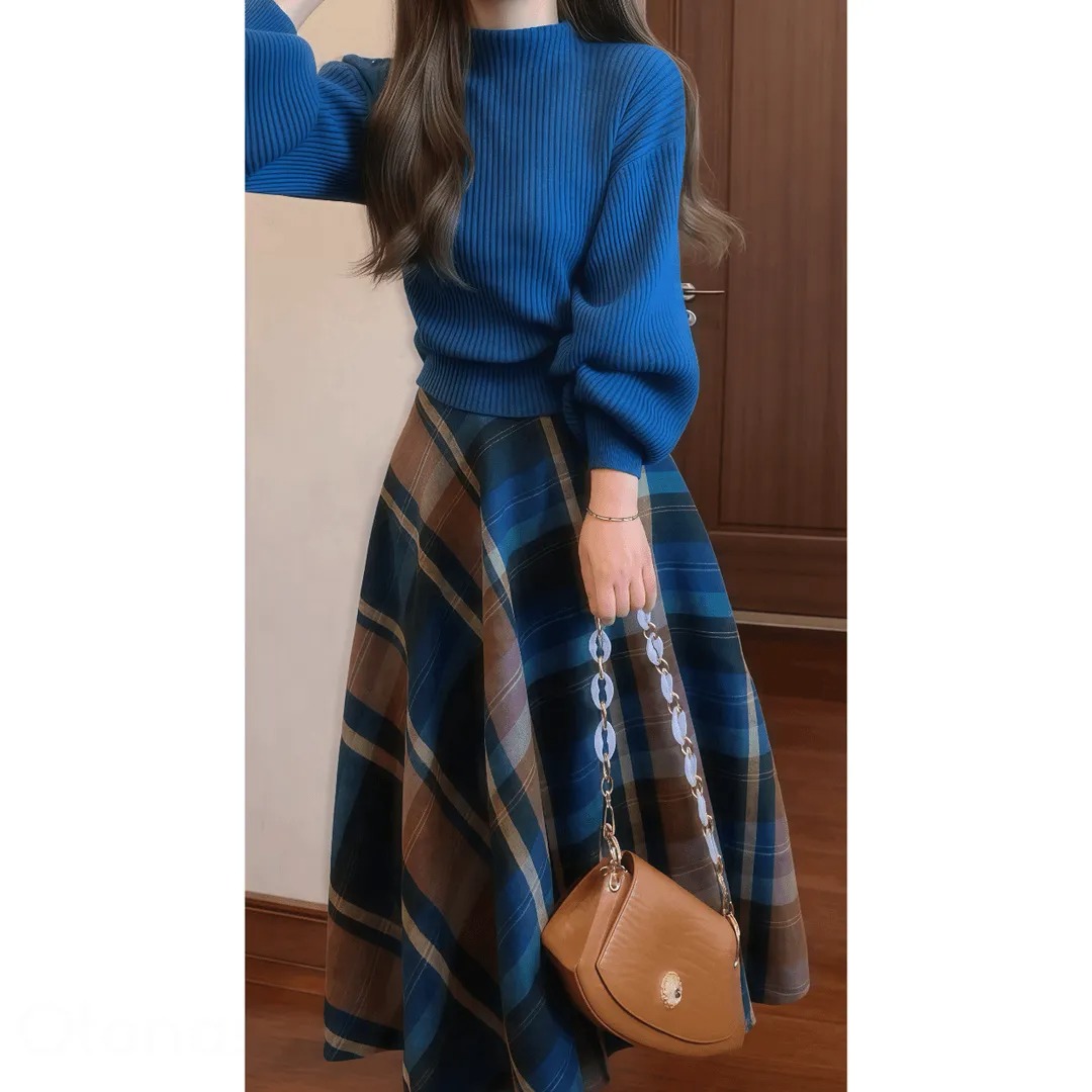 【單件/套裝】赫本風復古氣質針織毛衣+格子半身裙兩件套裝-Cicimode