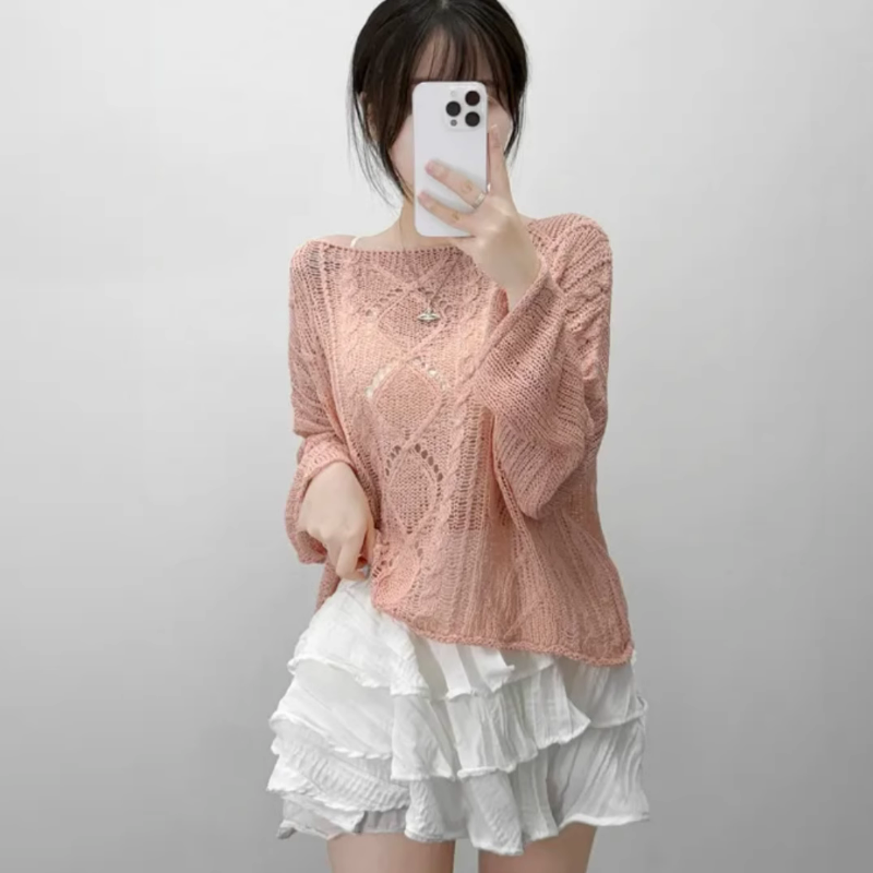 一字露肩麻花薄款鏤空長袖罩衫針織衫-Cicimode