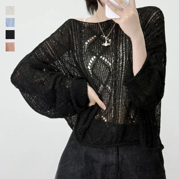 一字露肩麻花薄款鏤空長袖罩衫針織衫-Cicimode