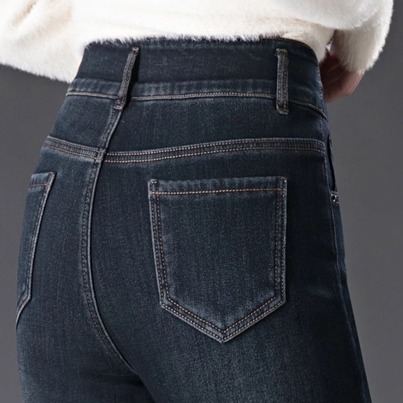 高腰顯瘦微喇刷毛加厚寬鬆休閒牛仔褲-Cicimode