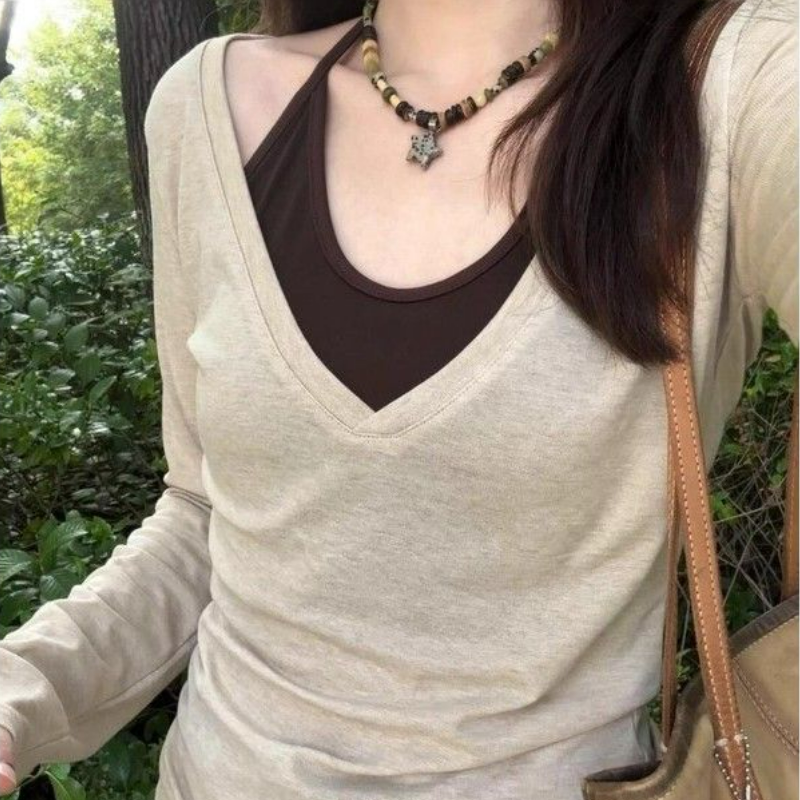 【整套】疊穿美式辣妹修身長袖罩衫+掛脖背心兩件套裝