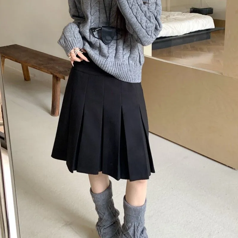 復古重工壓褶顯瘦高腰毛呢A字半身裙