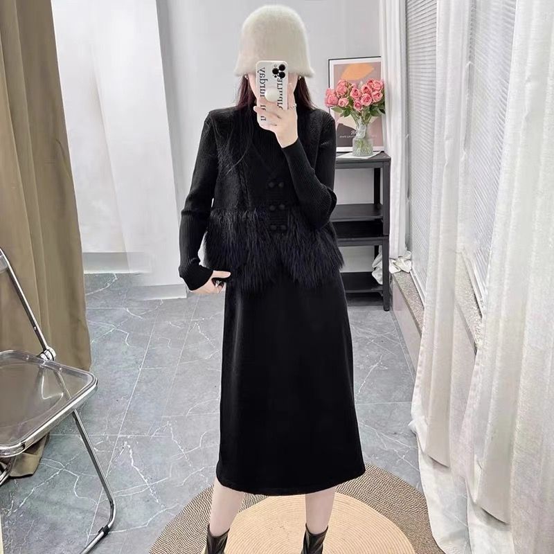 【整套】小香風拼接毛毛馬甲+高級感針織洋裝兩件套裝-Cicimode