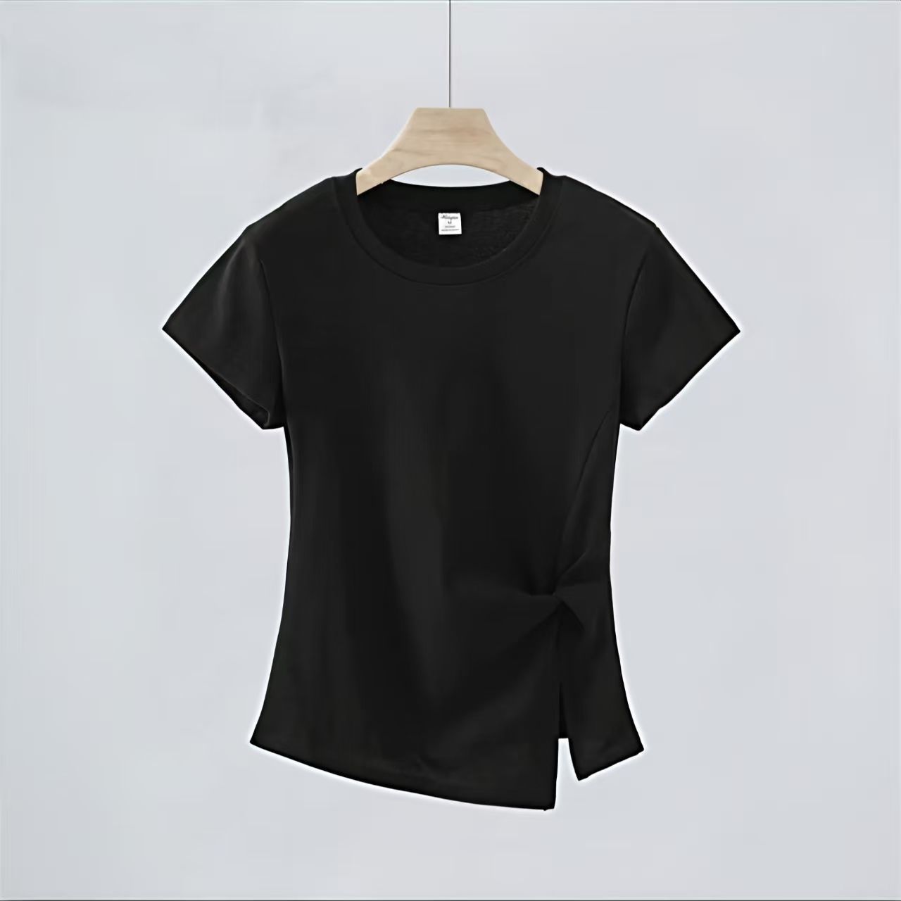 韓系百搭修身圓領扭結開叉短袖T恤