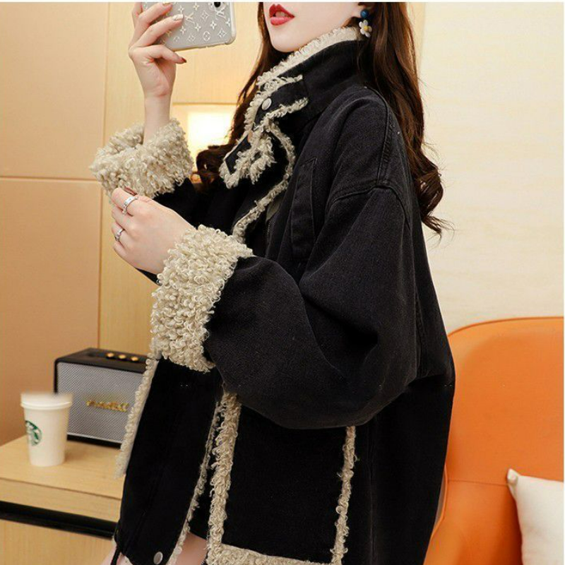 休閒寬鬆刷毛加厚棉衣洋氣百搭牛仔外套-Cicimode