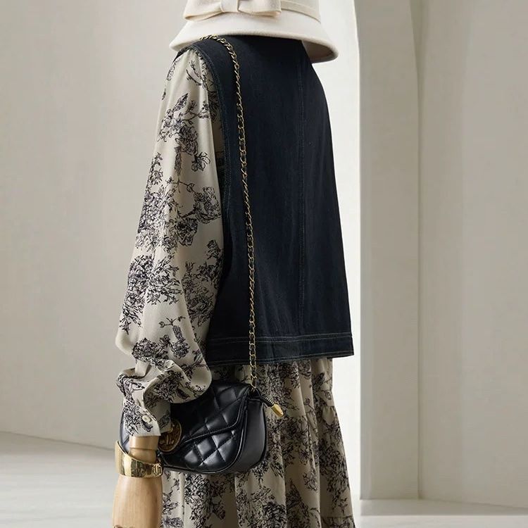【單件/套裝】鬆弛感遮肉顯瘦牛仔馬甲+碎花長裙兩件套裝