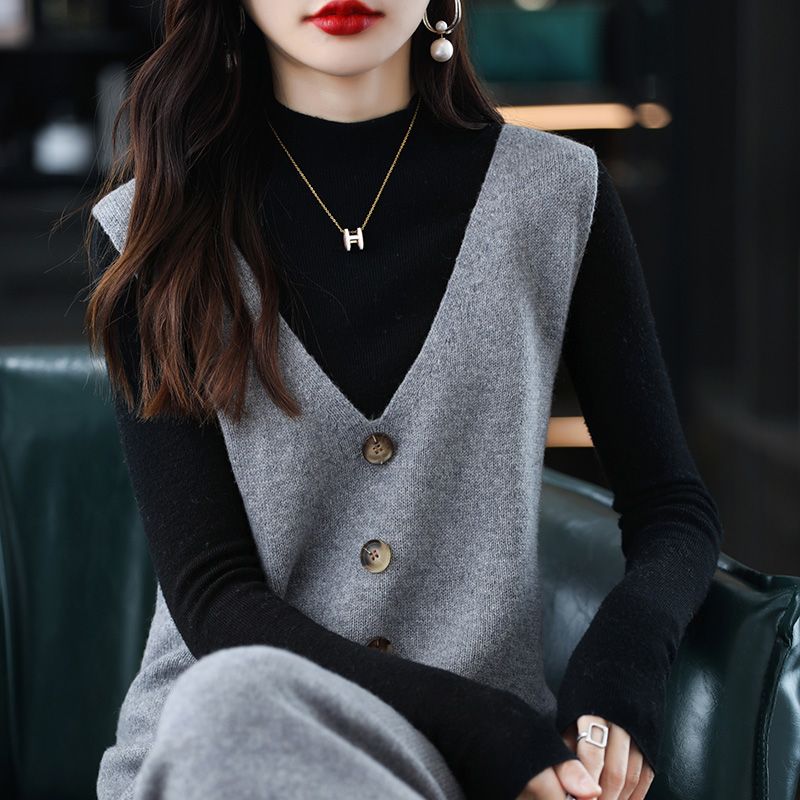 背心裙寬鬆針織無袖V領中長款馬甲連身裙