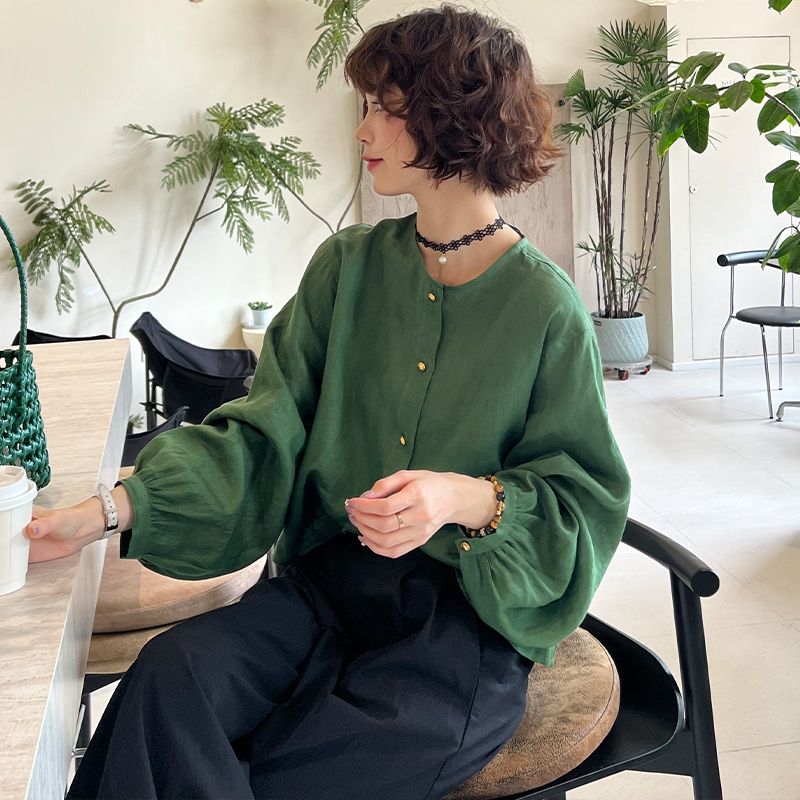 復古高級感氣質百搭圓領休閒寬鬆顯瘦泡泡袖襯衣