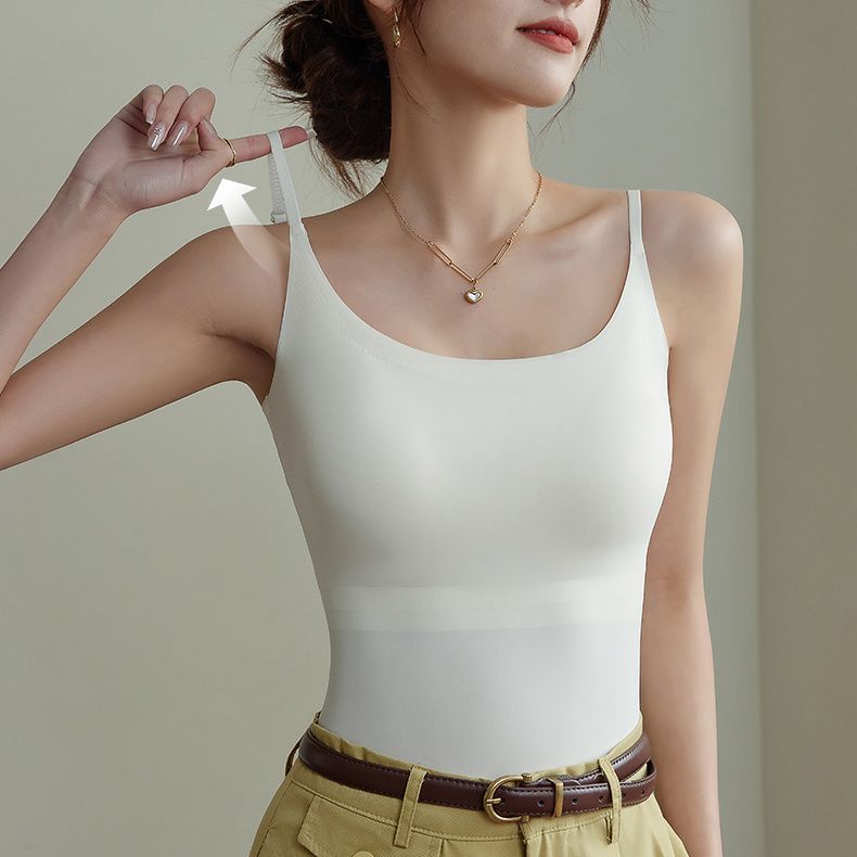 涼感薄款美背無痕打底外穿帶杯墊吊帶背心