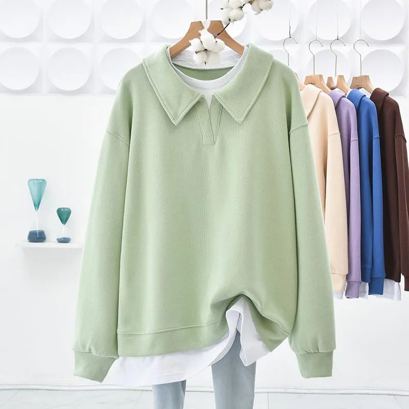 Polo領翻領假兩件拼接中長款遮臀寬鬆衛衣-Cicimode