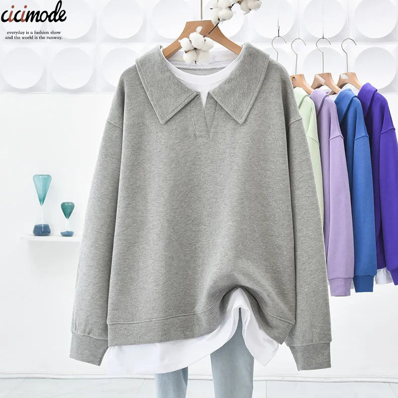 Polo領翻領假兩件拼接中長款遮臀寬鬆衛衣-Cicimode