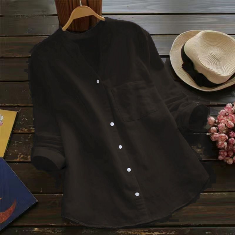 8色棉麻大碼顯瘦文藝v領寬鬆襯衫-Cicimode