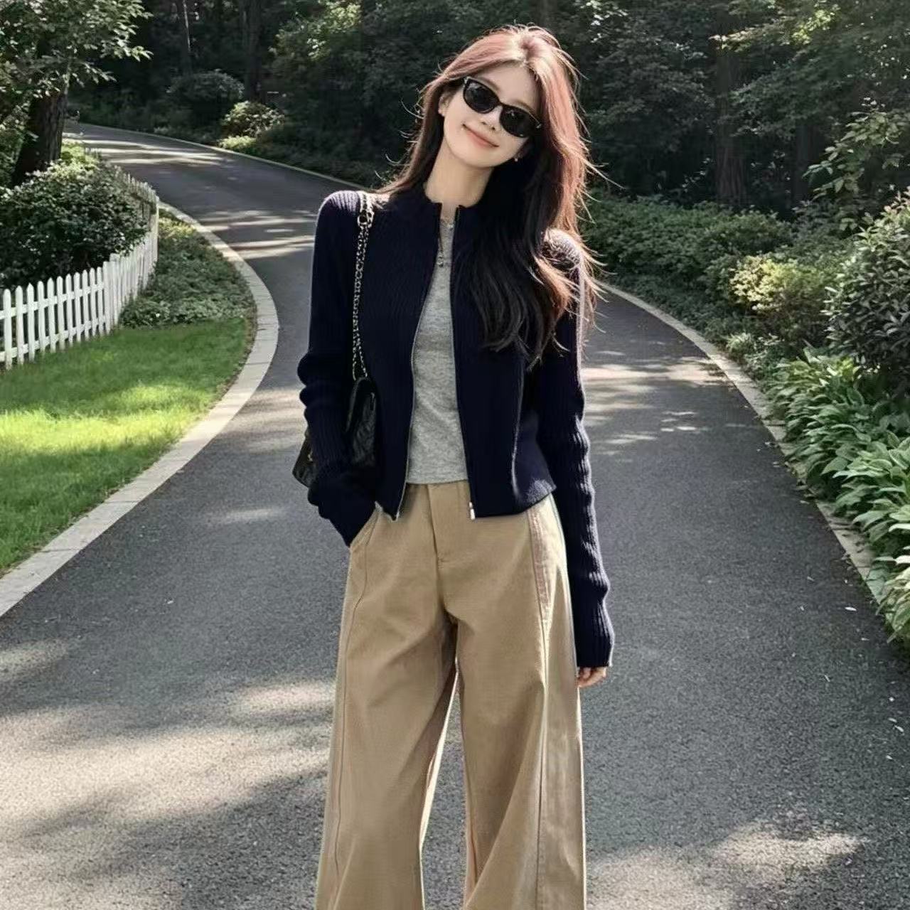 佑詩老錢風立領簡約短款氣質顯瘦拉鏈針織外套