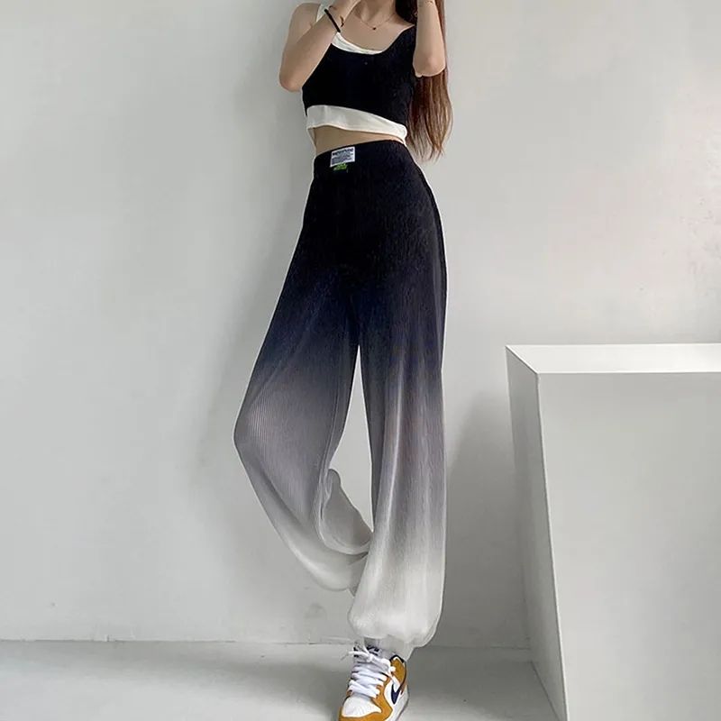 肌理感壓褶束腳褲女夏季薄款直筒垂感寬鬆休閒褲拖地漸變褲子