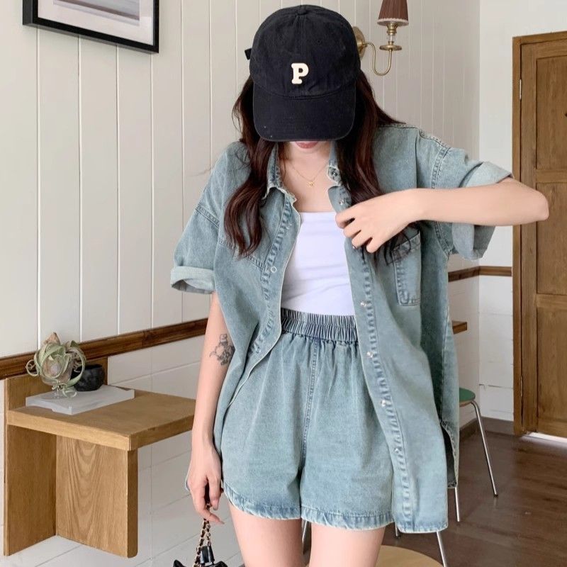 【单件/套装】时尚休闲宽松显瘦牛仔衬衫+松紧腰牛仔短裤两件套装