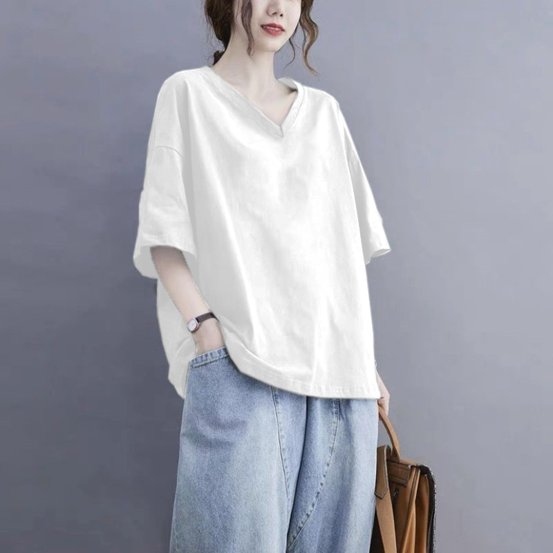 美式慵懶風設計感小眾純棉V領短袖t恤-Cicimode