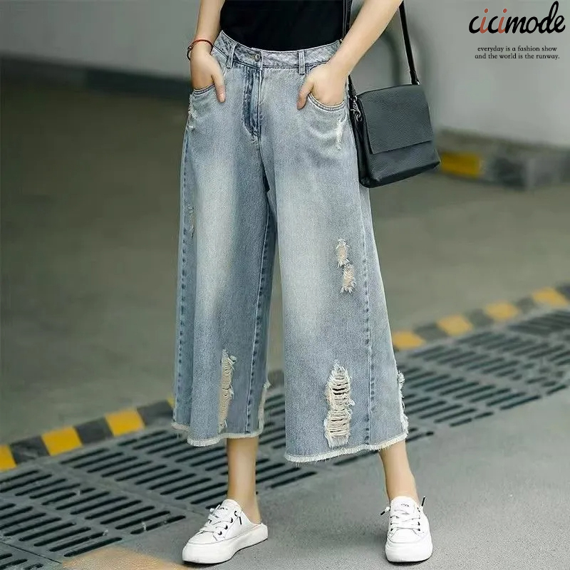 復古休閒破洞做舊淺藍寬鬆闊腿七分牛仔褲-Cicimode
