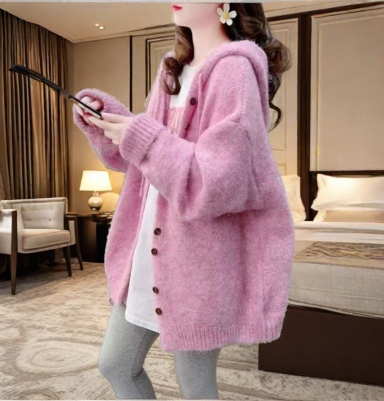 慵懶風百搭韓版寬鬆連帽針織開衫-Cicimode