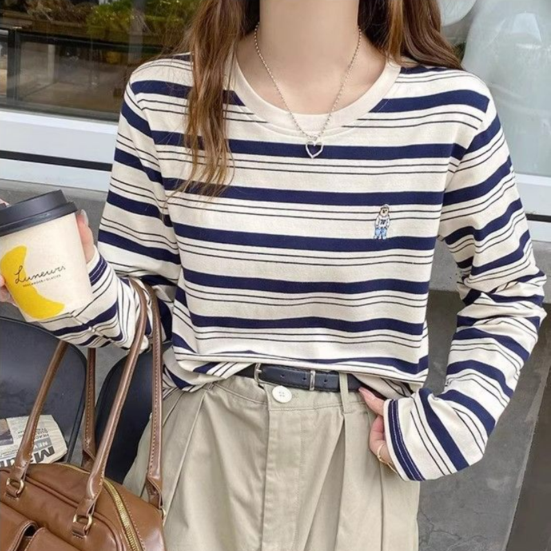 寬鬆休閒大碼百搭撞色條紋純棉長袖t恤